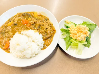 家庭的なカレーとサラダのランチ