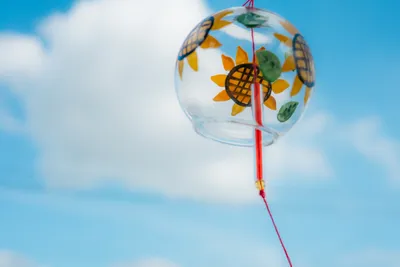 夏空に揺れる風鈴とひまわり模様