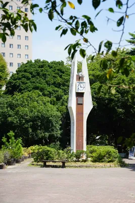 公園の時計塔と緑の風景